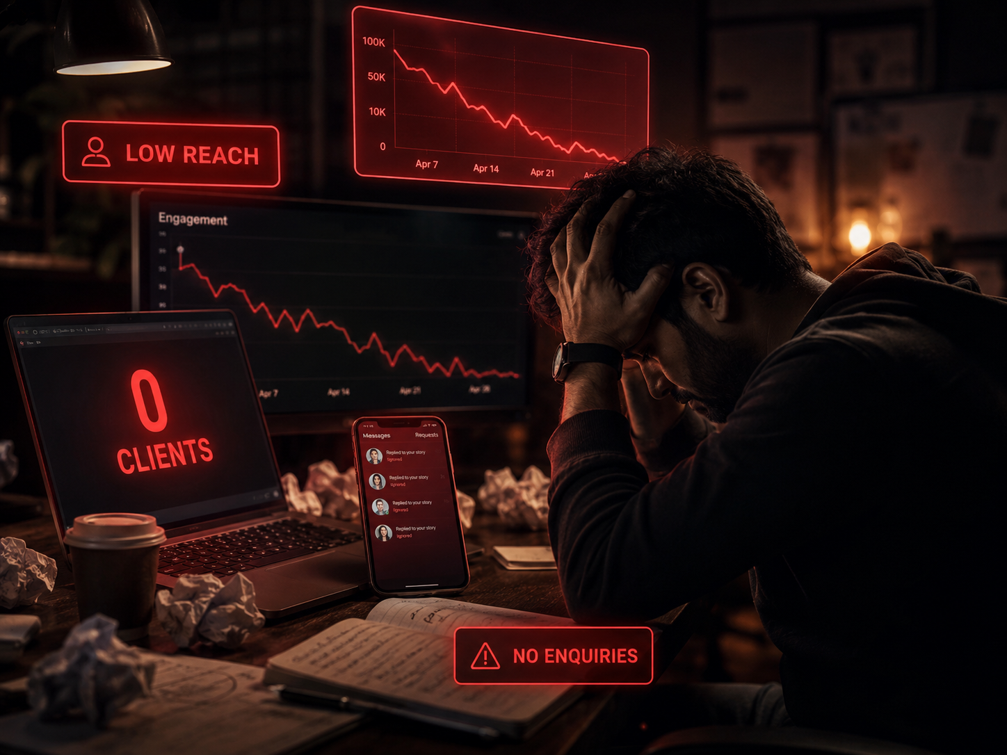 Frustrated creator at a desk with red error overlays: 0 clients, low reach, no enquiries