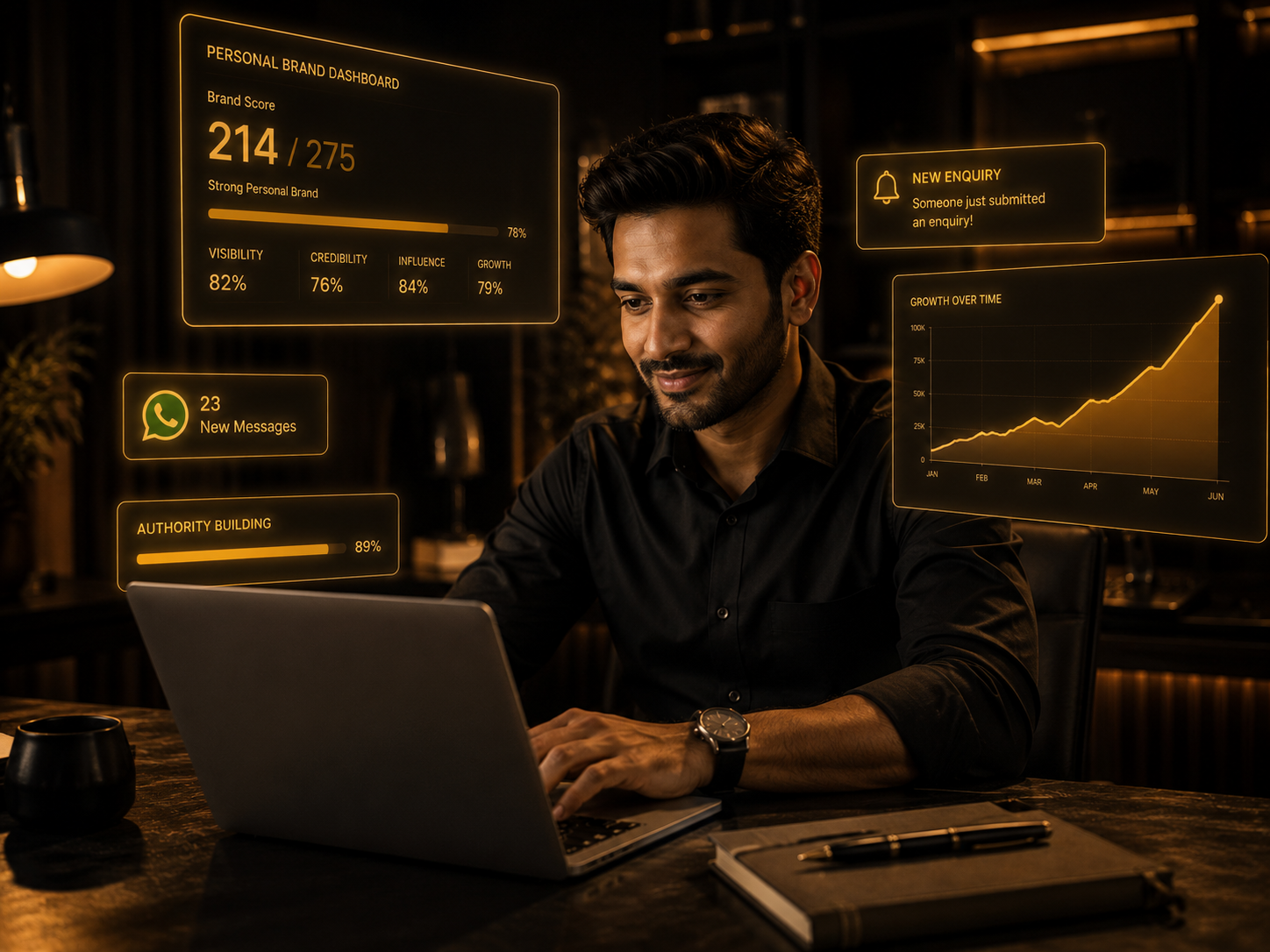 Confident expert reviewing a gold score dashboard: 214/275 brand score, rising growth graph, new enquiry notifications
